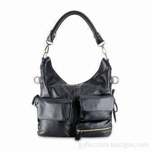 Black Cowhide Leather Bag in Fashionable Design, with Front Zipped Pocket